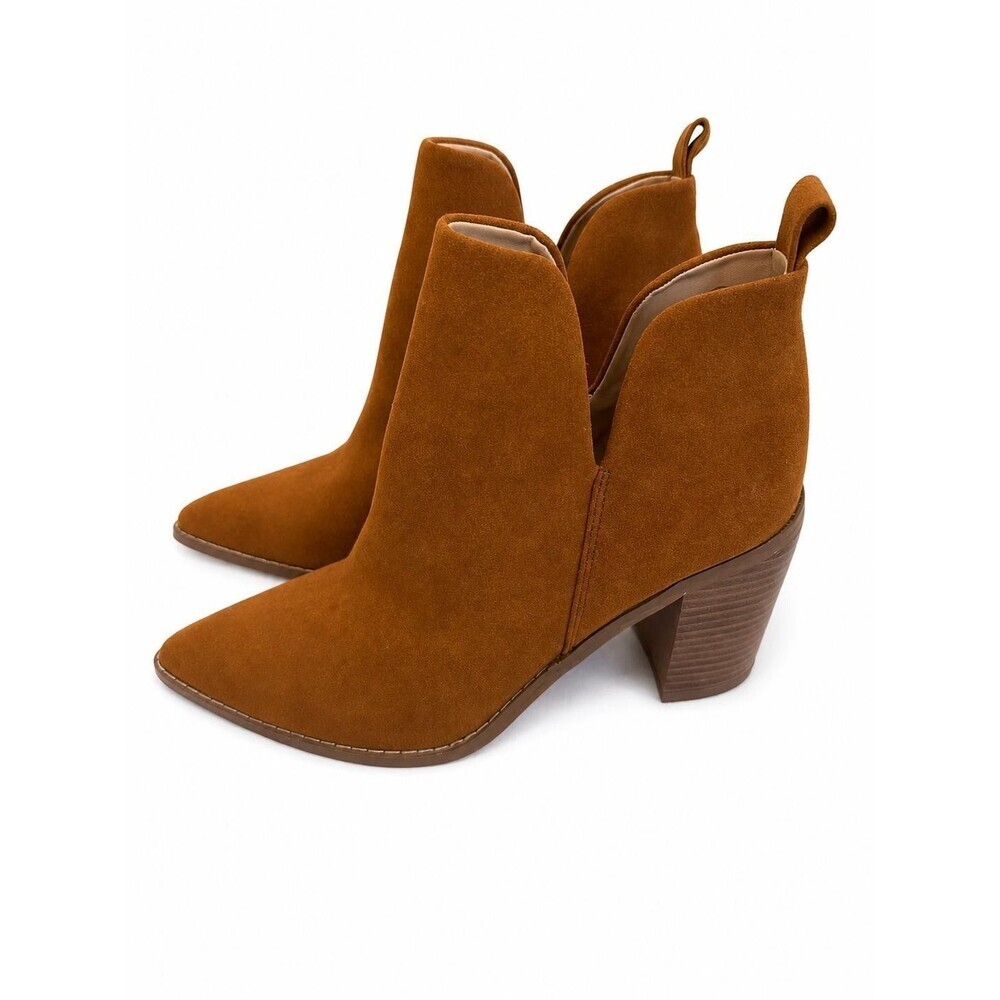 Women’s Tan Brown Suede Ankle Bootie Pointed Toe Block Heel Solid US 8.5